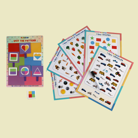 Smarttsprouts - I Spy activity sheets for kids to find fruits, vegetables, animals, shapes, space items, & also reusable sheets